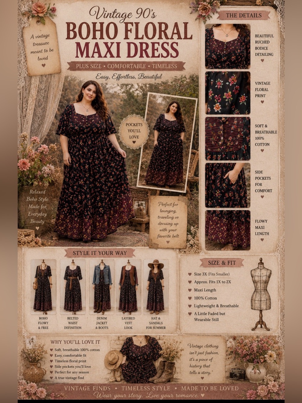 Vintage 90’s- plus size boho - cotton Floral Black and Red maxi Dress -pockets